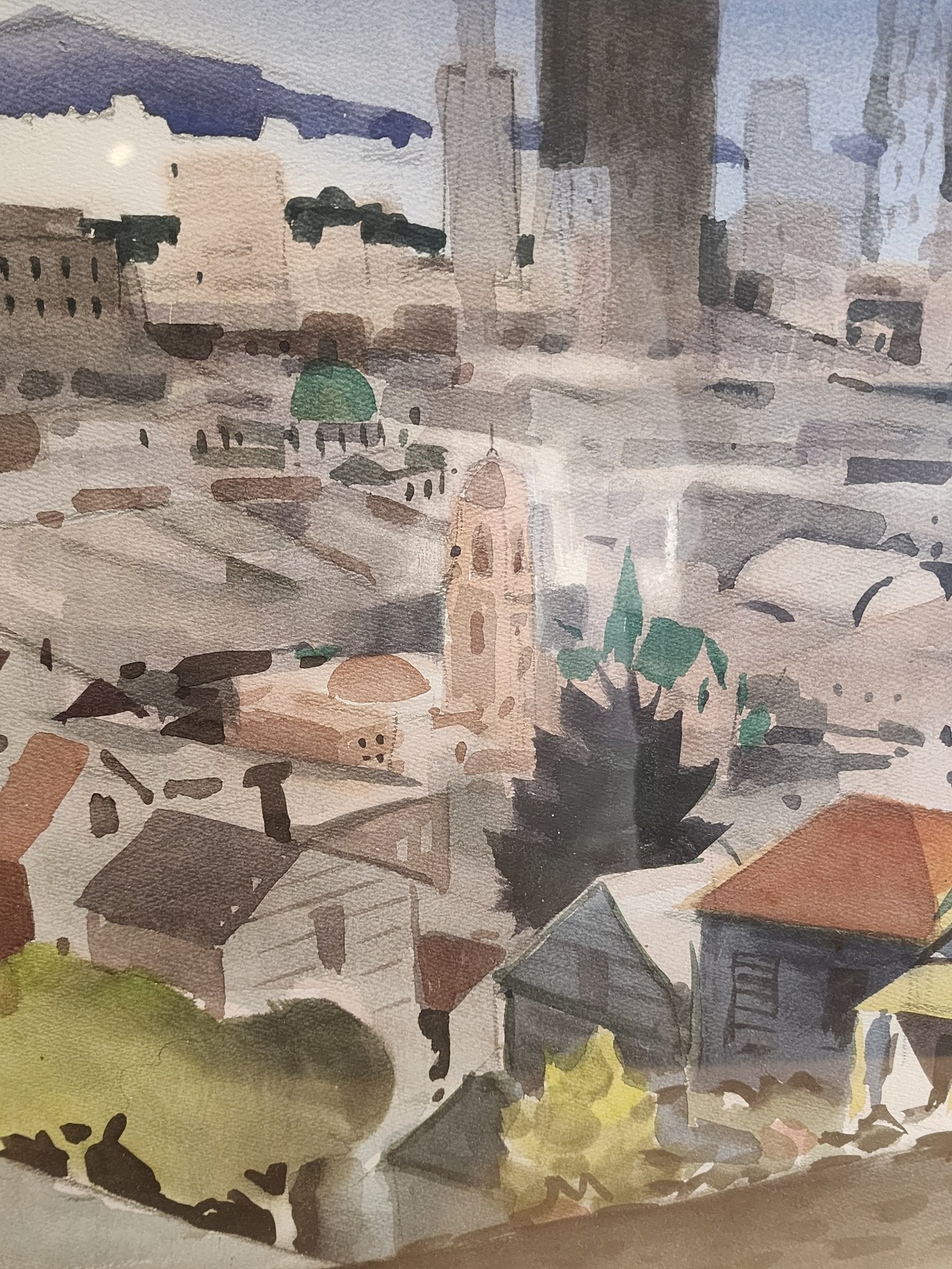 George Post Booth - “San Francisco Skyline/Chinatown” - Watercolor, Two - Sided (1940s) - MCMODSTORE